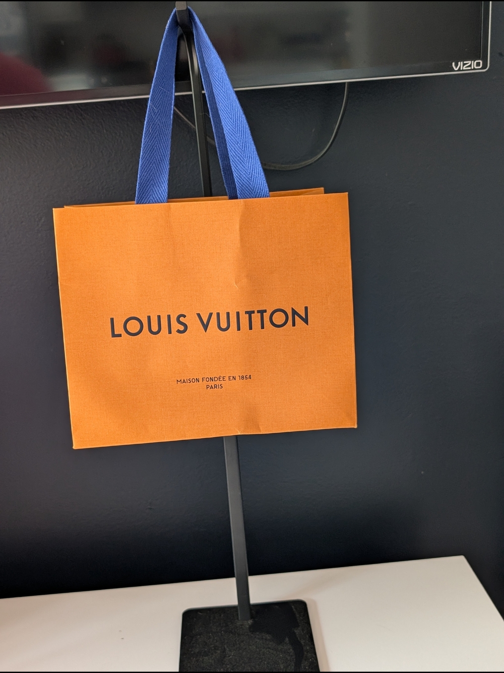 Louis Vuitton Orange Shopping Bag with Blue Handles